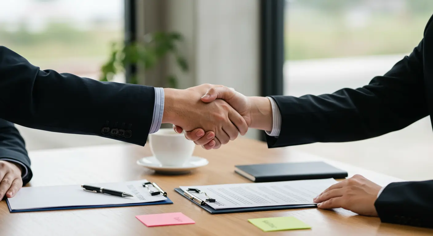 Businesspeople shaking hands over a table with documents and coffee, symbolizing agreement and mutual understanding.