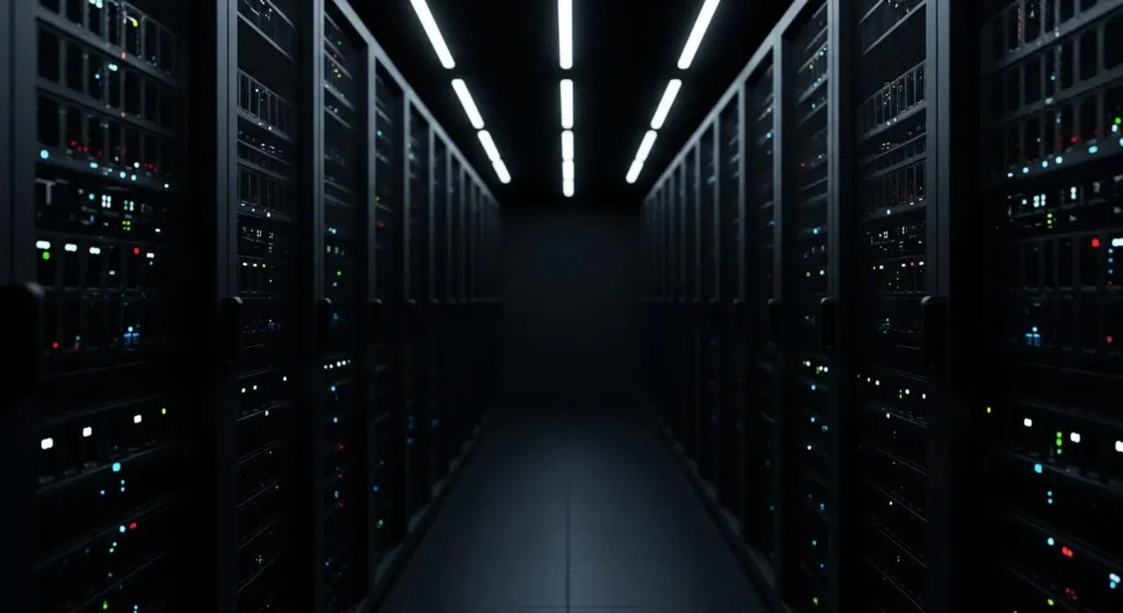 Modern data center server room with rows of black server racks and LED indicator lights