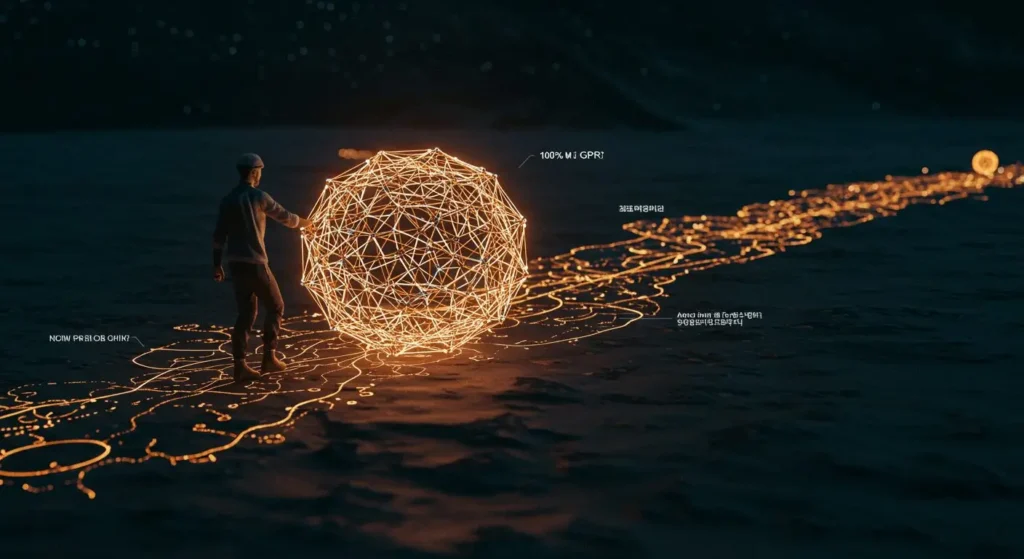 Person interacting with a glowing digital sphere and futuristic network interface on a dark background