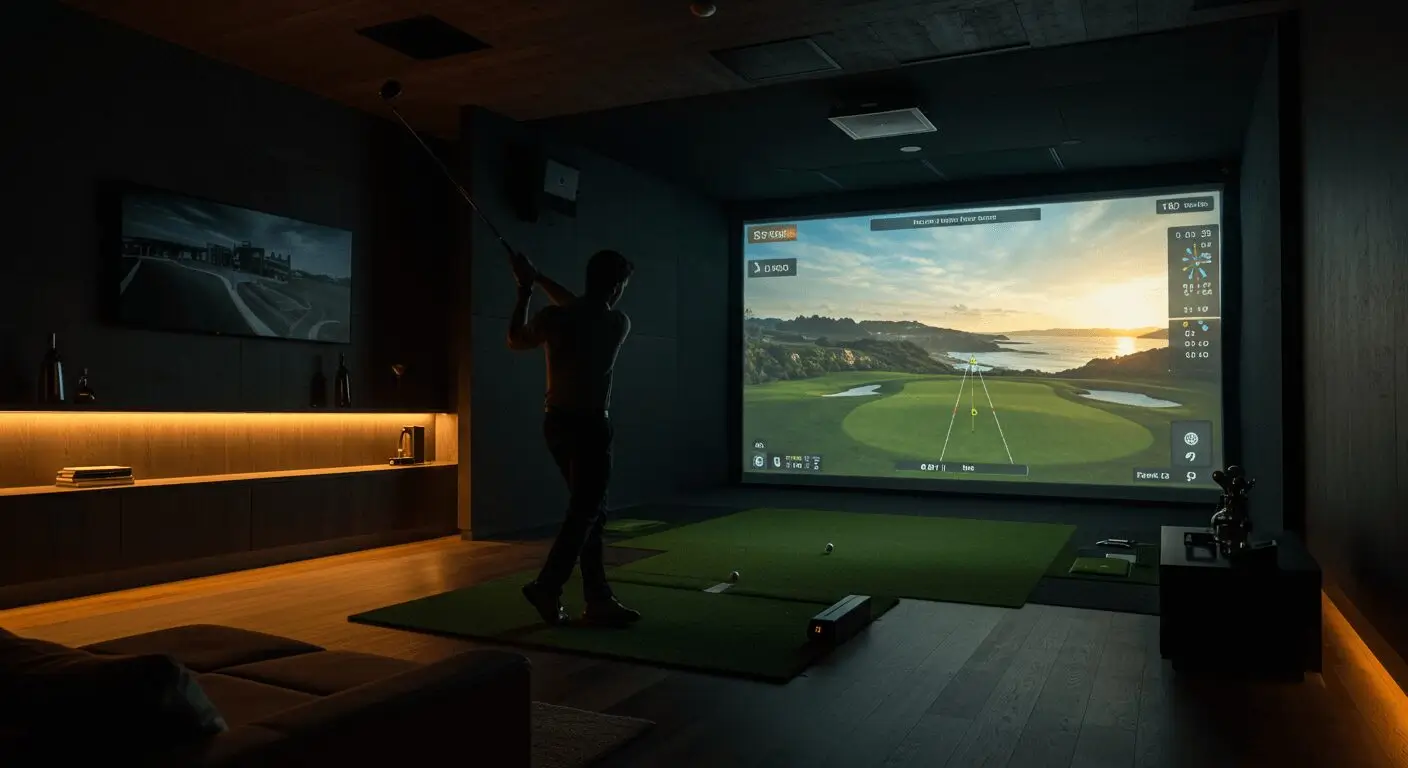 Man practicing golf in a dark modern room with a high-tech golf simulator and virtual course display