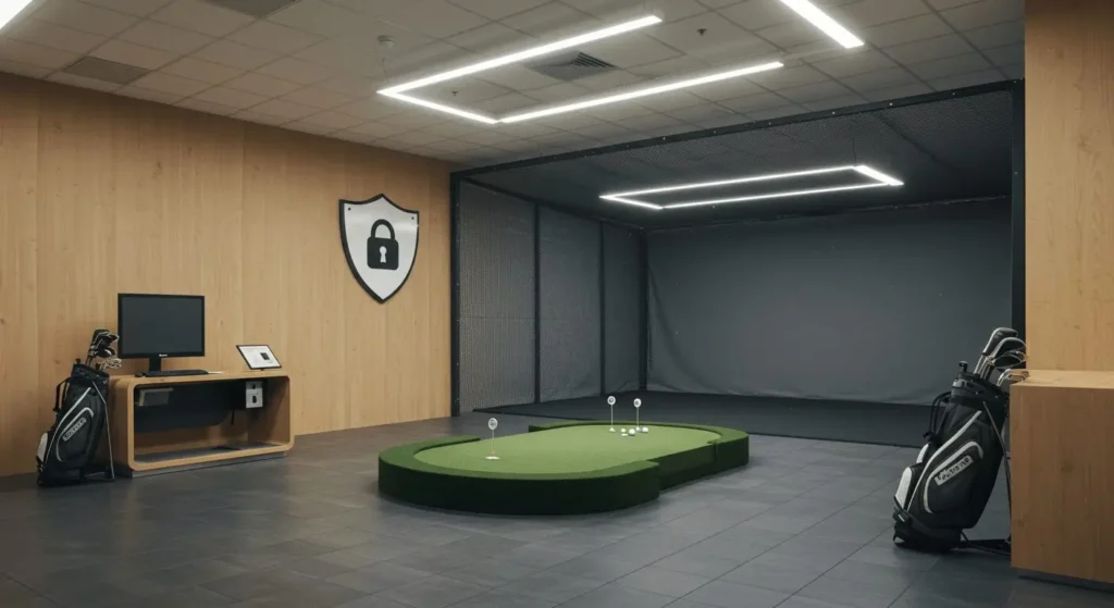 Modern office space with a professional golf simulator, putting green, and golf bags